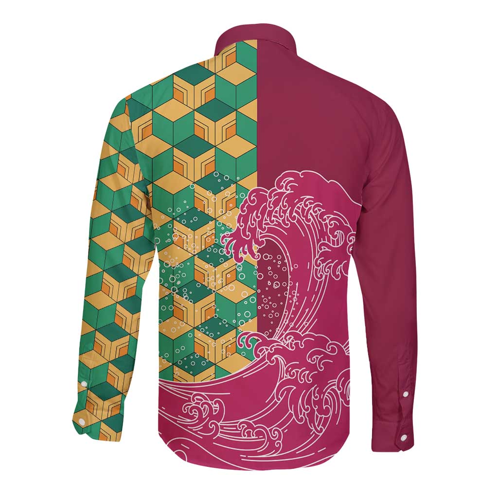 Japanese Bishamon-Kikkou Pattern Long Sleeve Button Shirt Water Pillar Silent River Flow - Polynesian Pride