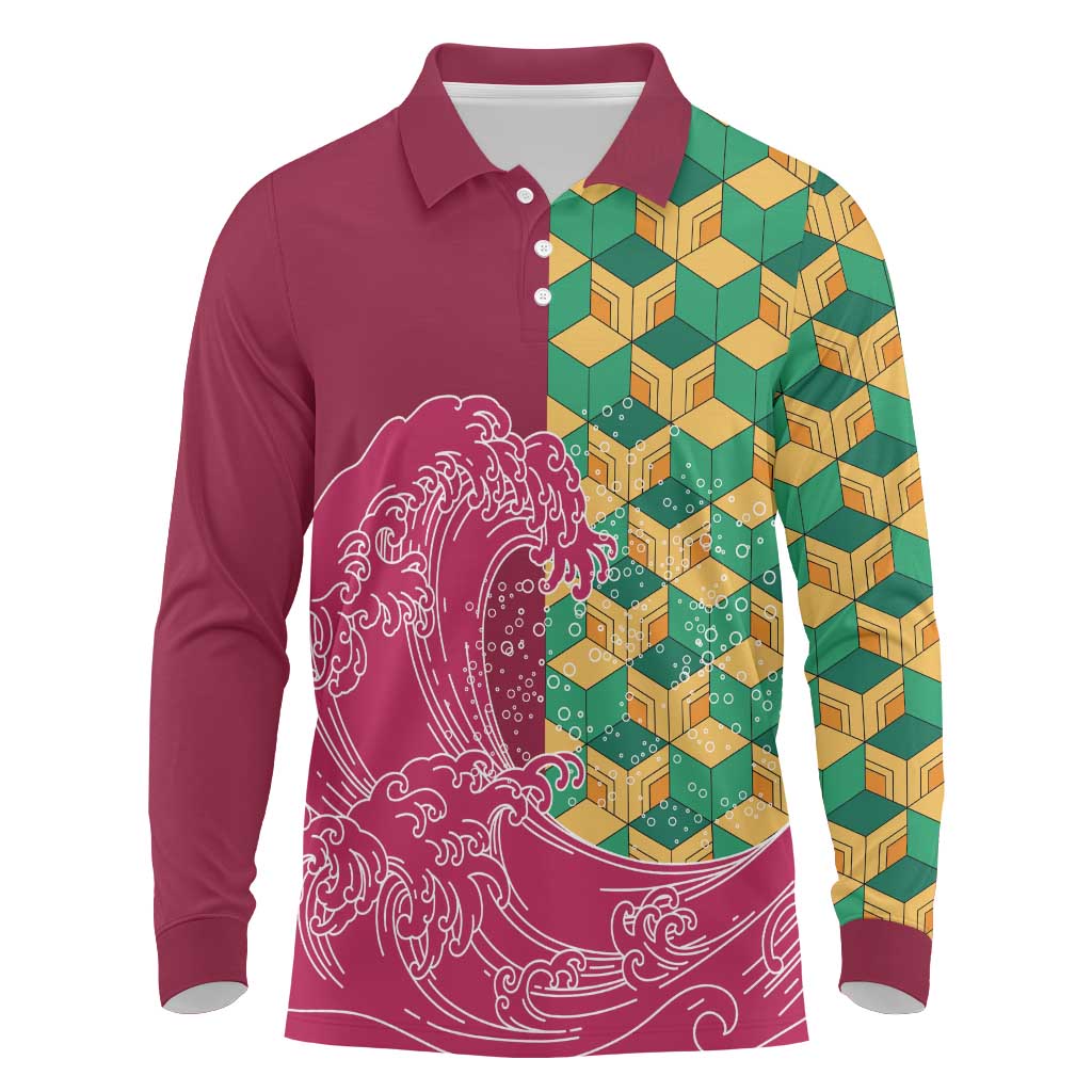 Japanese Bishamon-Kikkou Pattern Long Sleeve Polo Shirt Water Pillar Silent River Flow - Polynesian Pride