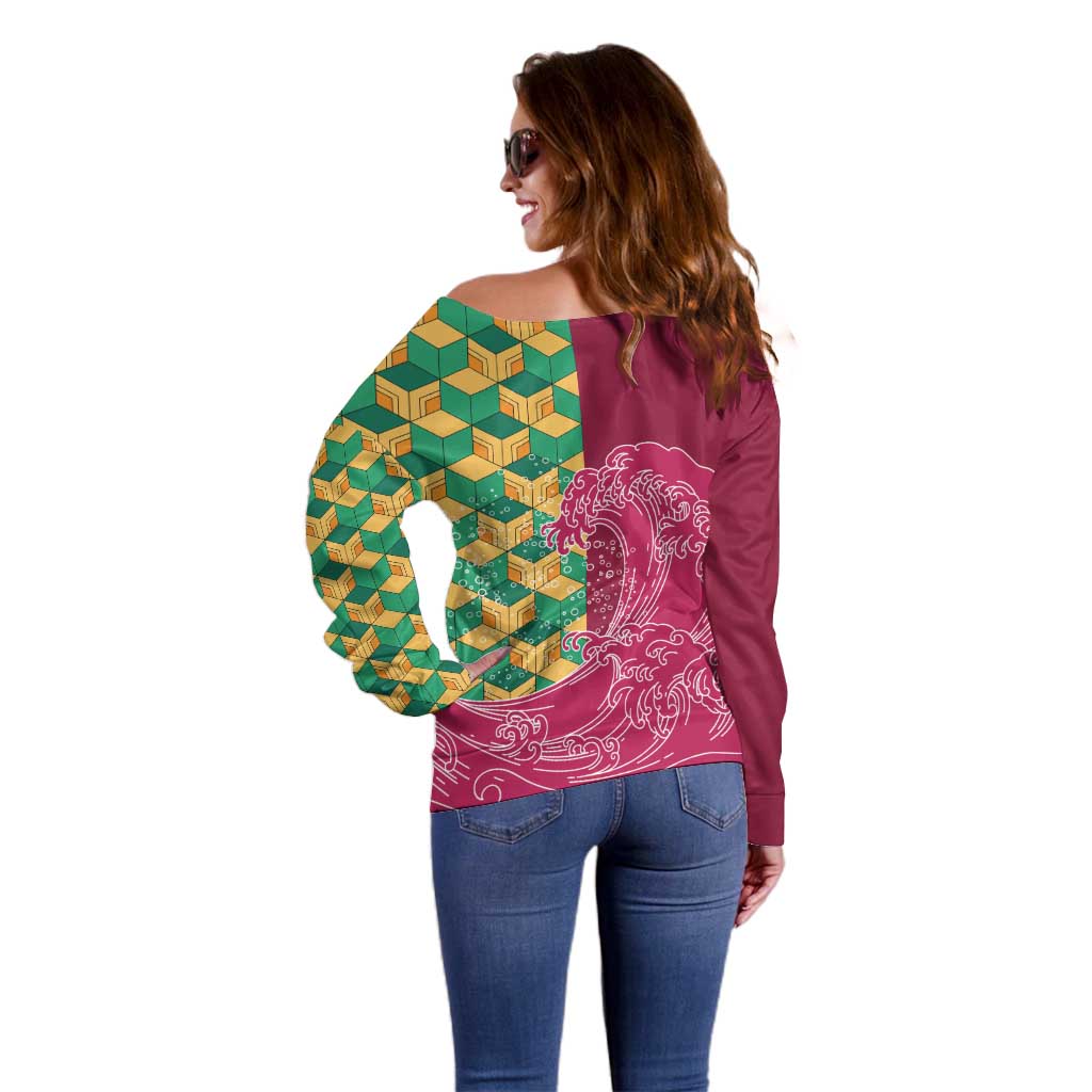 Japanese Bishamon-Kikkou Pattern Off Shoulder Sweater Water Pillar Silent River Flow - Polynesian Pride