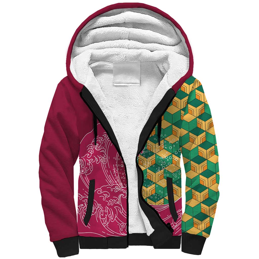 Japanese Bishamon-Kikkou Pattern Sherpa Hoodie Water Pillar Silent River Flow - Polynesian Pride