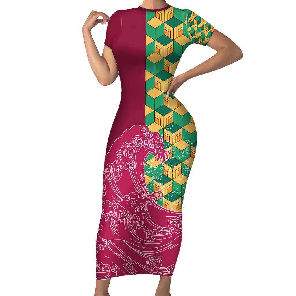 Japanese Bishamon-Kikkou Pattern Short Sleeve Bodycon Dress Water Pillar Silent River Flow - Polynesian Pride