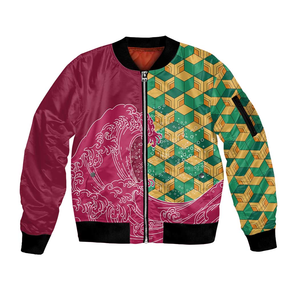 Japanese Bishamon-Kikkou Pattern Sleeve Zip Bomber Jacket Water Pillar Silent River Flow - Polynesian Pride