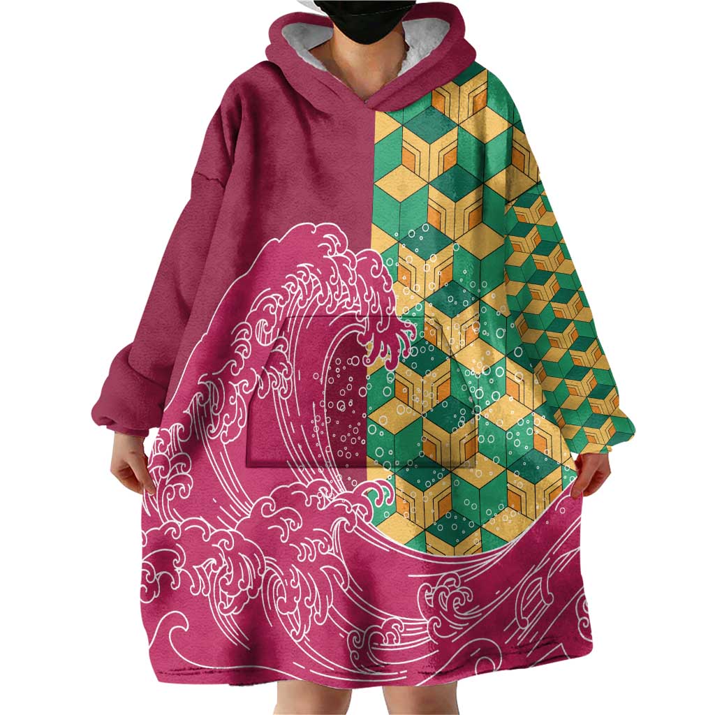 Japanese Bishamon-Kikkou Pattern Wearable Blanket Hoodie Water Pillar Silent River Flow - Polynesian Pride