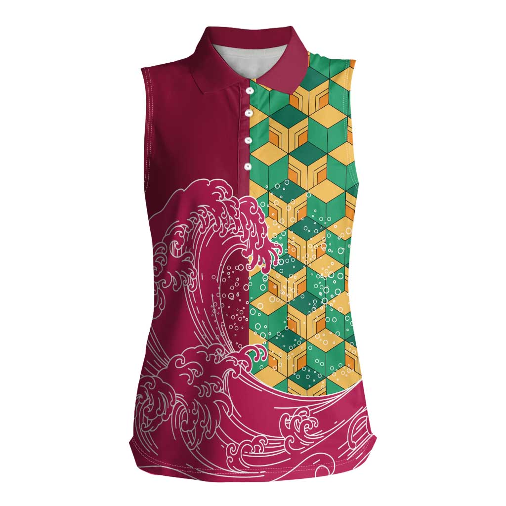 Japanese Bishamon-Kikkou Pattern Women Sleeveless Polo Shirt Water Pillar Silent River Flow - Polynesian Pride