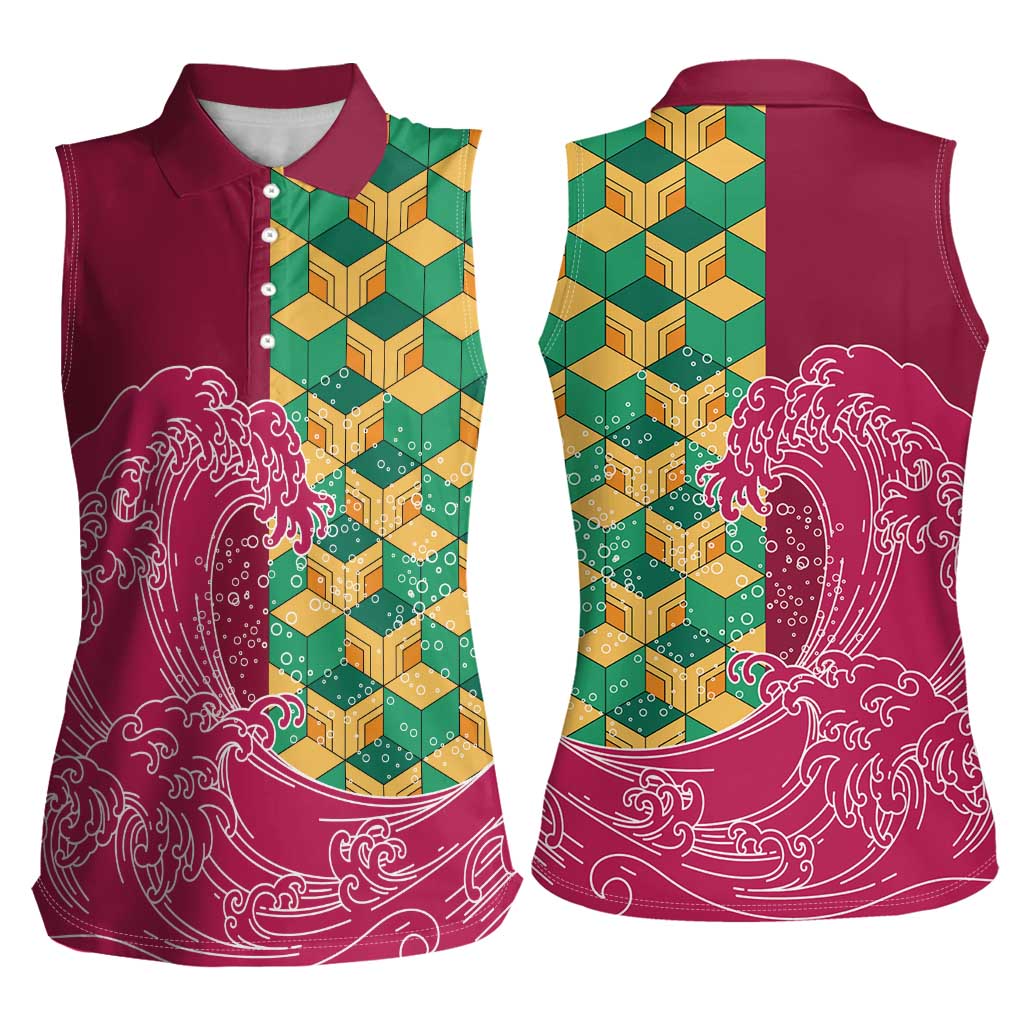 Japanese Bishamon-Kikkou Pattern Women Sleeveless Polo Shirt Water Pillar Silent River Flow LT9 - Polynesian Pride