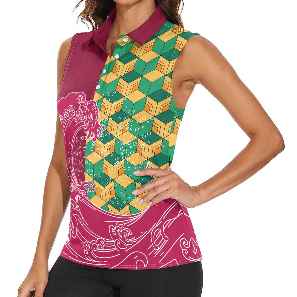 Japanese Bishamon-Kikkou Pattern Women Sleeveless Polo Shirt Water Pillar Silent River Flow LT9 - Polynesian Pride