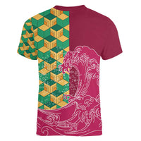 Japanese Bishamon-Kikkou Pattern Women V-Neck T-Shirt Water Pillar Silent River Flow - Polynesian Pride