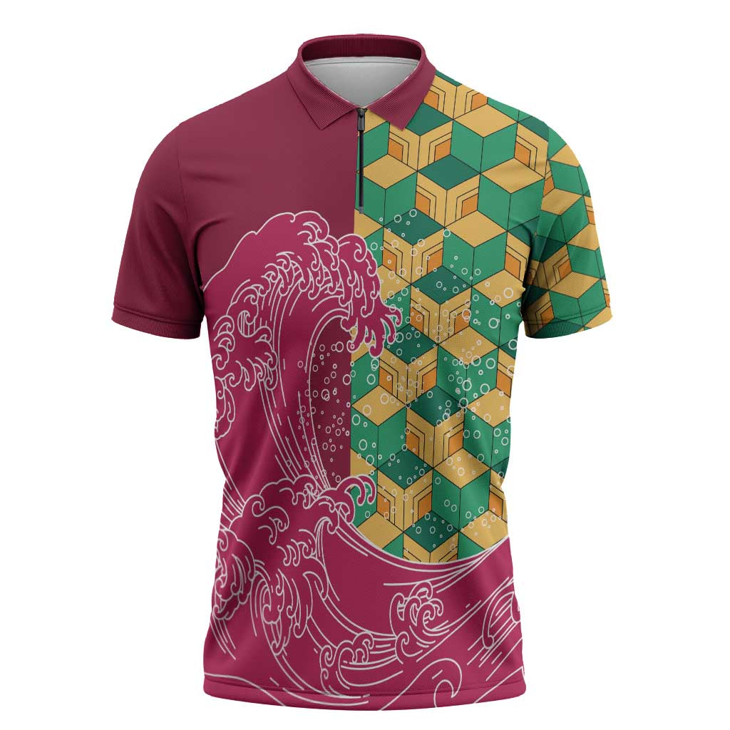 Japanese Bishamon-Kikkou Pattern Zipper Polo Shirt Water Pillar Silent River Flow - Polynesian Pride