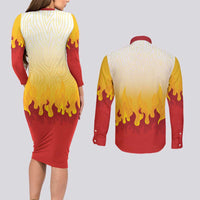Japanese Kaen Pattern Couples Matching Long Sleeve Bodycon Dress and Long Sleeve Button Shirt Flame Pillar Blazing Lion Heart - Polynesian Pride