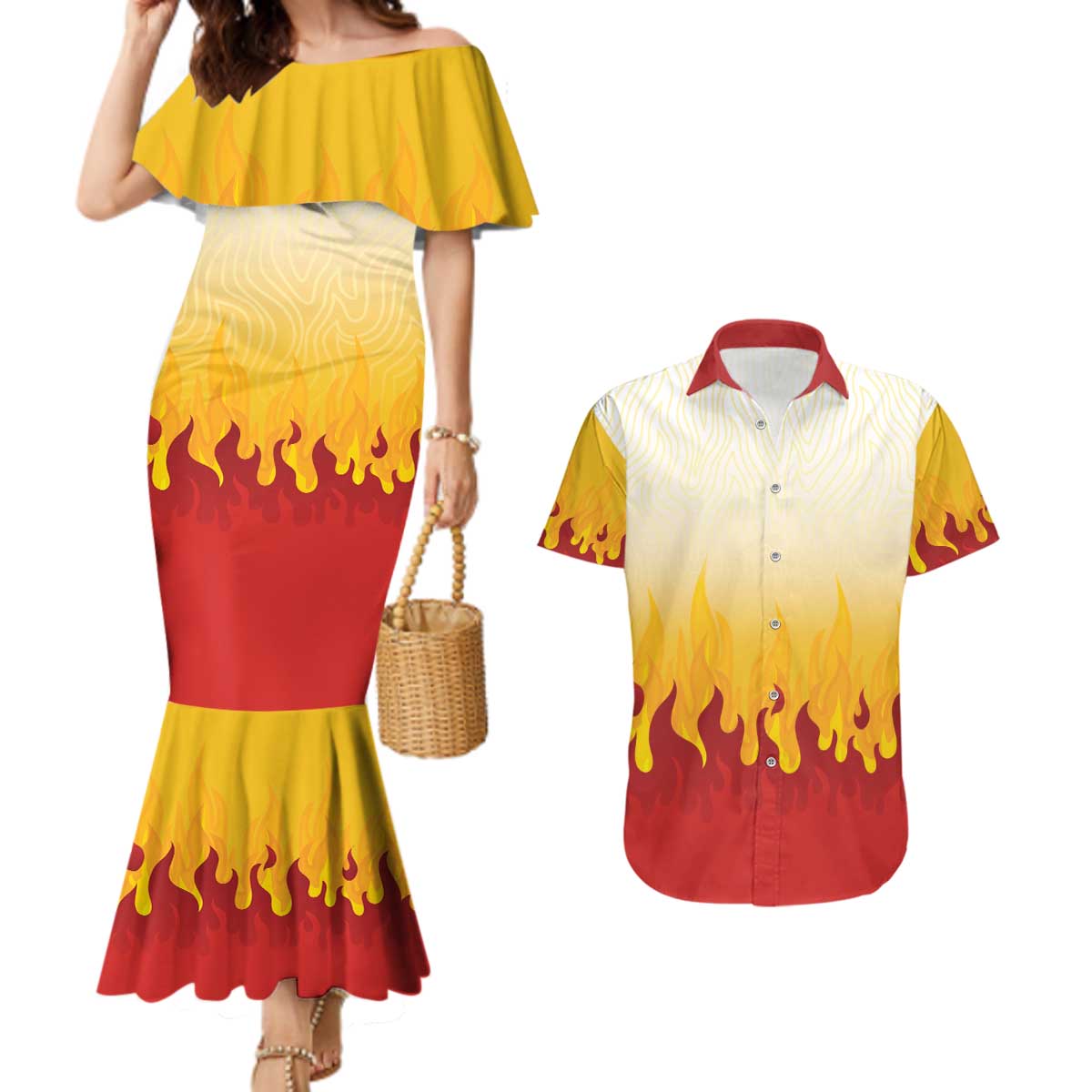 Japanese Kaen Pattern Couples Matching Mermaid Dress and Hawaiian Shirt Flame Pillar Blazing Lion Heart - Polynesian Pride