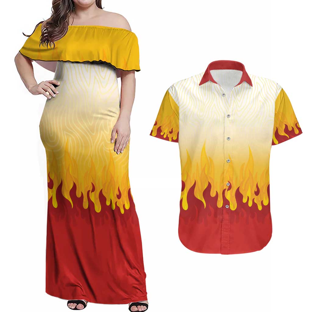 Japanese Kaen Pattern Couples Matching Off Shoulder Maxi Dress and Hawaiian Shirt Flame Pillar Blazing Lion Heart - Polynesian Pride