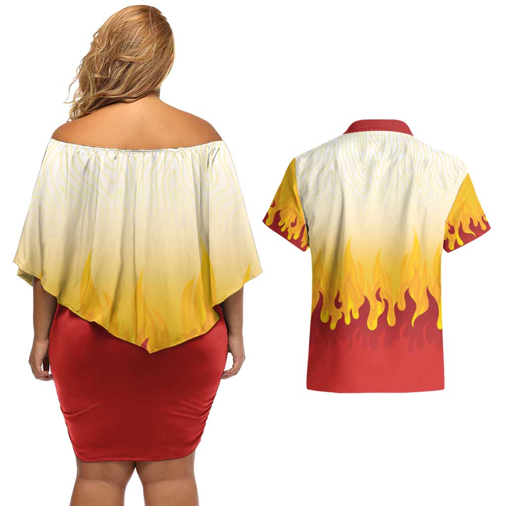 Japanese Kaen Pattern Couples Matching Off Shoulder Short Dress and Hawaiian Shirt Flame Pillar Blazing Lion Heart - Polynesian Pride