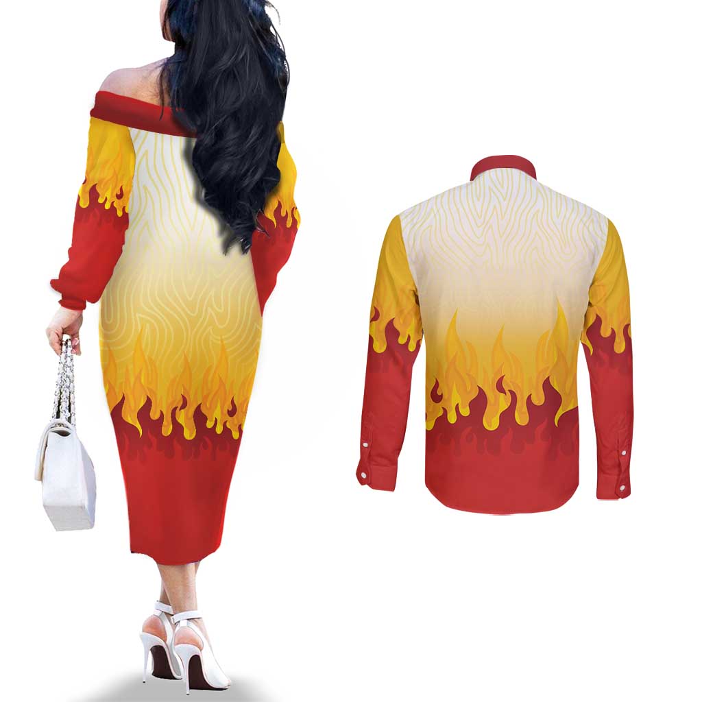 Japanese Kaen Pattern Couples Matching Off The Shoulder Long Sleeve Dress and Long Sleeve Button Shirt Flame Pillar Blazing Lion Heart - Polynesian Pride