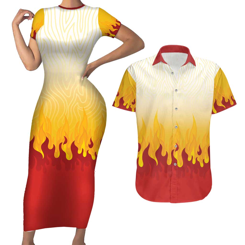 Japanese Kaen Pattern Couples Matching Short Sleeve Bodycon Dress and Hawaiian Shirt Flame Pillar Blazing Lion Heart - Polynesian Pride