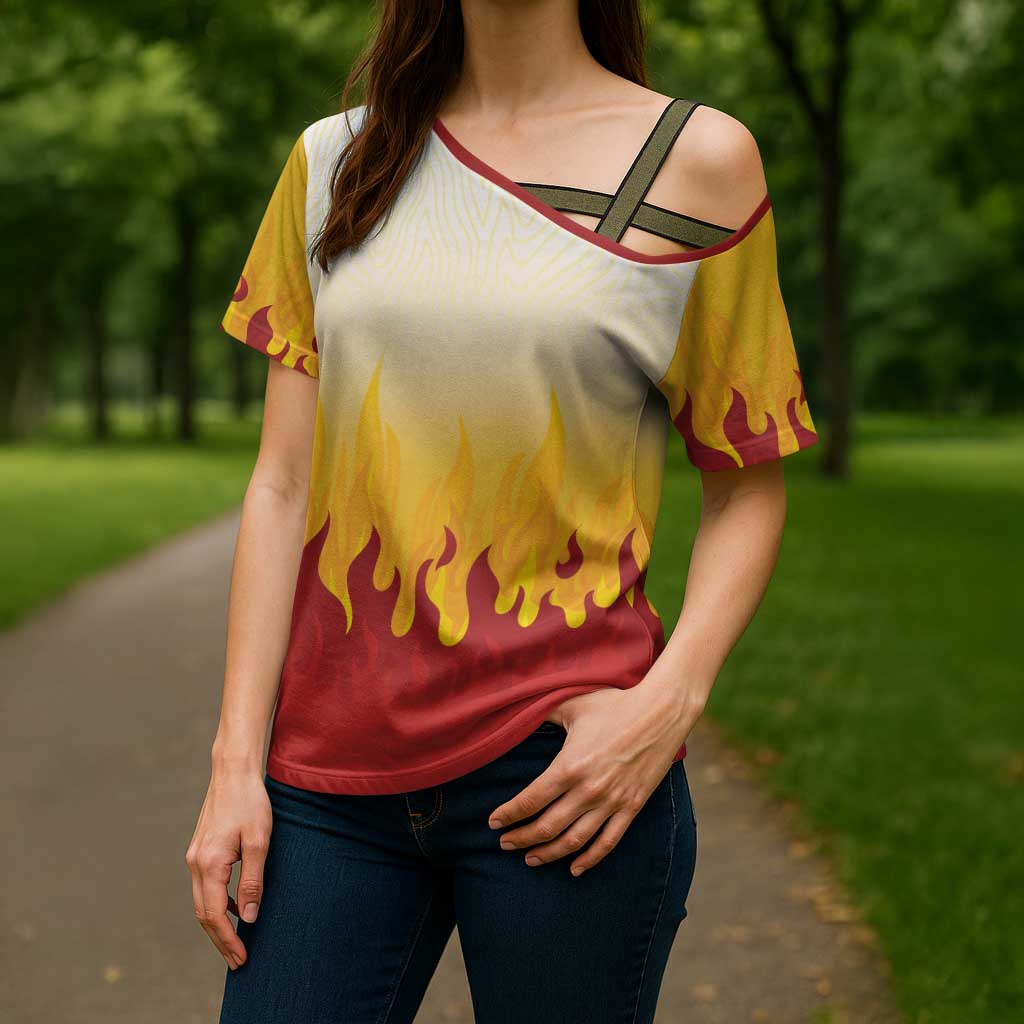 Japanese Kaen Pattern Cross Shoulder Shirt Flame Pillar Blazing Lion Heart - Polynesian Pride