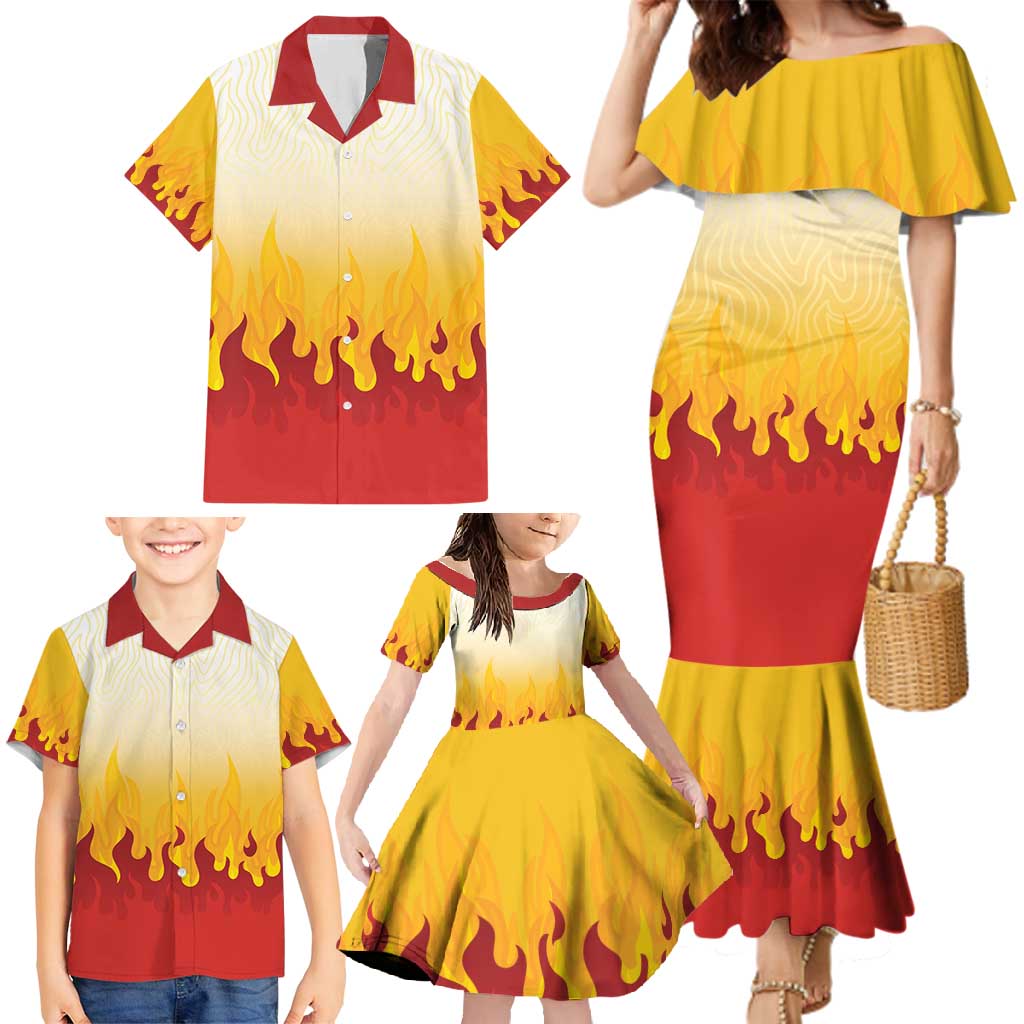 Japanese Kaen Pattern Family Matching Mermaid Dress and Hawaiian Shirt Flame Pillar Blazing Lion Heart - Polynesian Pride