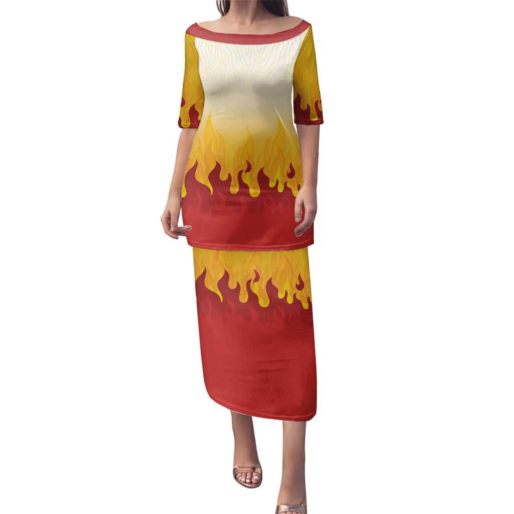 Japanese Kaen Pattern Family Matching Puletasi and Hawaiian Shirt Flame Pillar Blazing Lion Heart - Polynesian Pride
