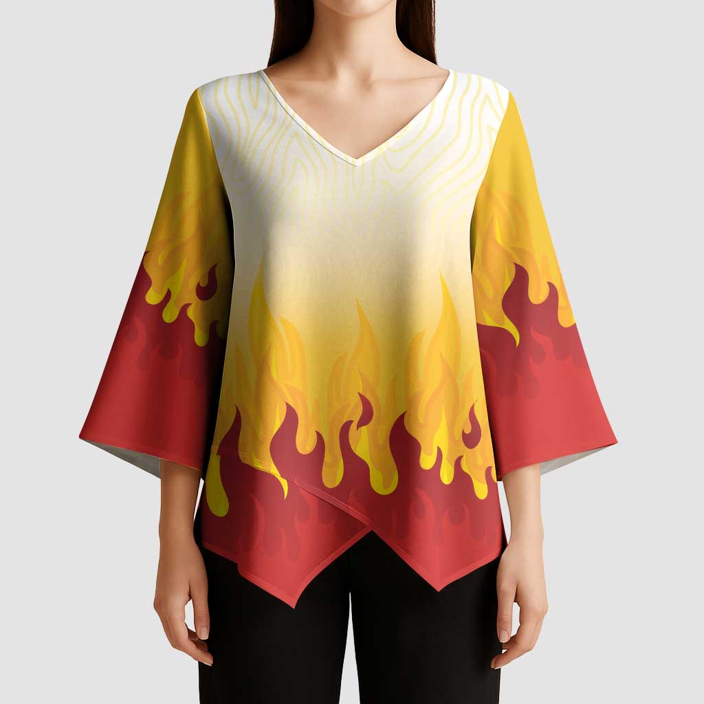 Japanese Kaen Pattern Kimono Sleeve Blouse Flame Pillar Blazing Lion Heart - Polynesian Pride