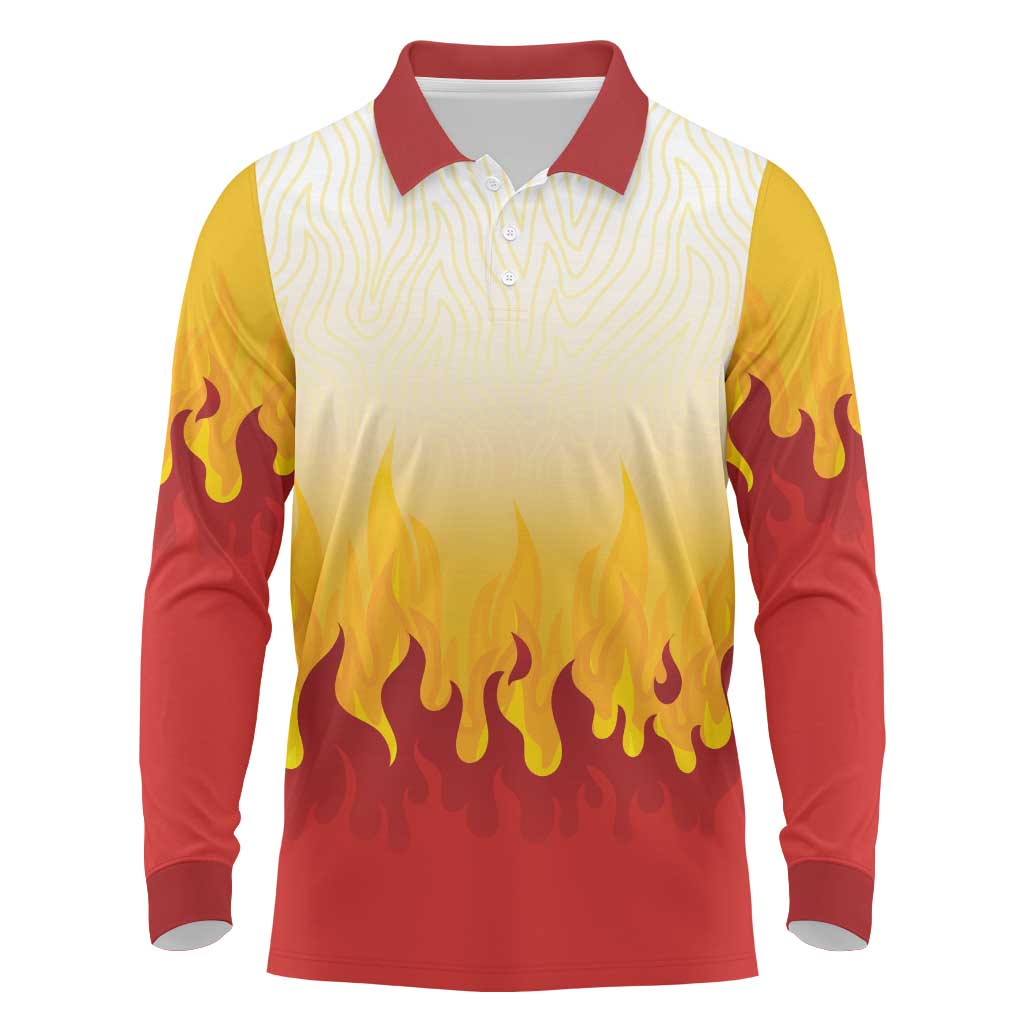 Japanese Kaen Pattern Long Sleeve Polo Shirt Flame Pillar Blazing Lion Heart - Polynesian Pride