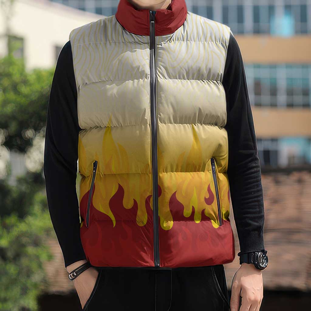 Japanese Kaen Pattern Sleeveless Puffer Jacket Flame Pillar Blazing Lion Heart - Polynesian Pride