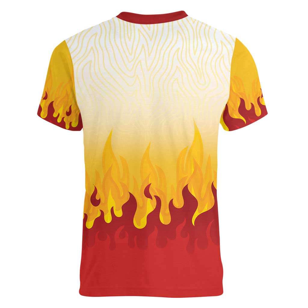 Japanese Kaen Pattern Women V-Neck T-Shirt Flame Pillar Blazing Lion Heart - Polynesian Pride