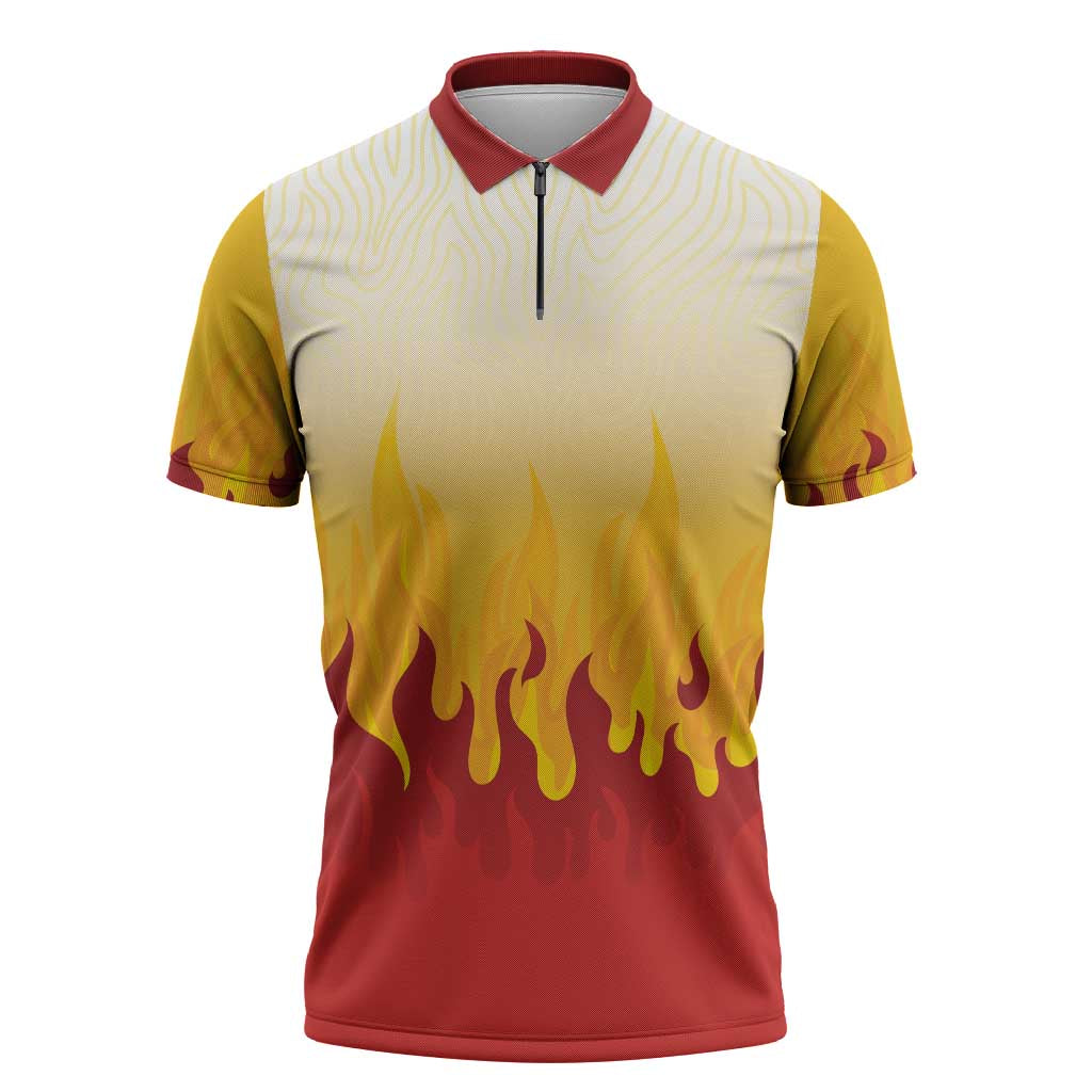 Japanese Kaen Pattern Zipper Polo Shirt Flame Pillar Blazing Lion Heart - Polynesian Pride