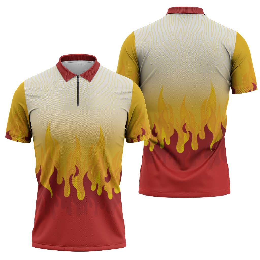 Japanese Kaen Pattern Zipper Polo Shirt Flame Pillar Blazing Lion Heart - Polynesian Pride