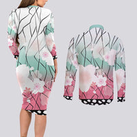 Japanese Kocho Pattern Couples Matching Long Sleeve Bodycon Dress and Long Sleeve Button Shirt Insect Pillar Butterfly Flower Fairy - Polynesian Pride