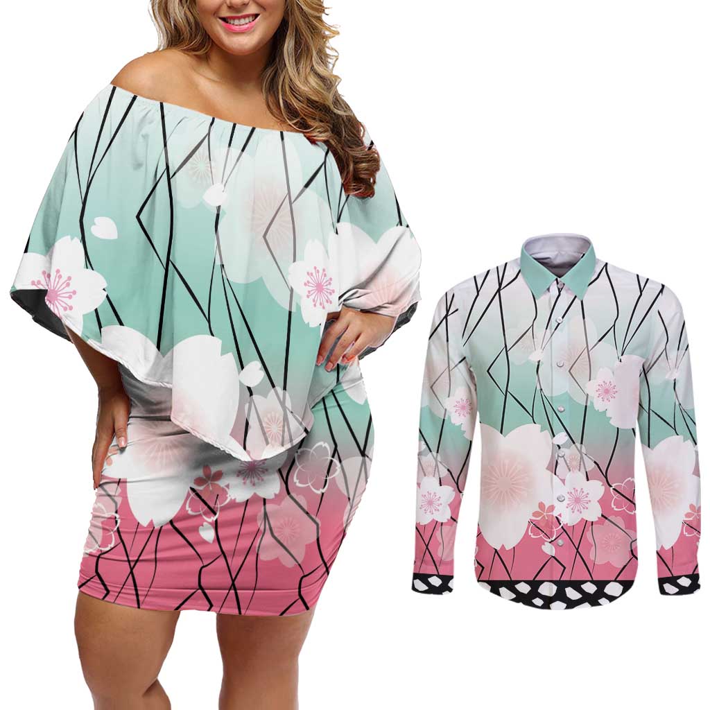 Japanese Kocho Pattern Couples Matching Off Shoulder Short Dress and Long Sleeve Button Shirt Insect Pillar Butterfly Flower Fairy - Polynesian Pride