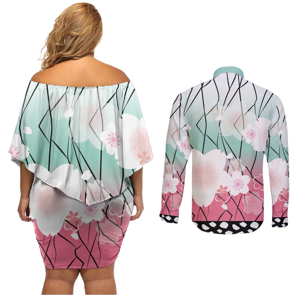 Japanese Kocho Pattern Couples Matching Off Shoulder Short Dress and Long Sleeve Button Shirt Insect Pillar Butterfly Flower Fairy - Polynesian Pride