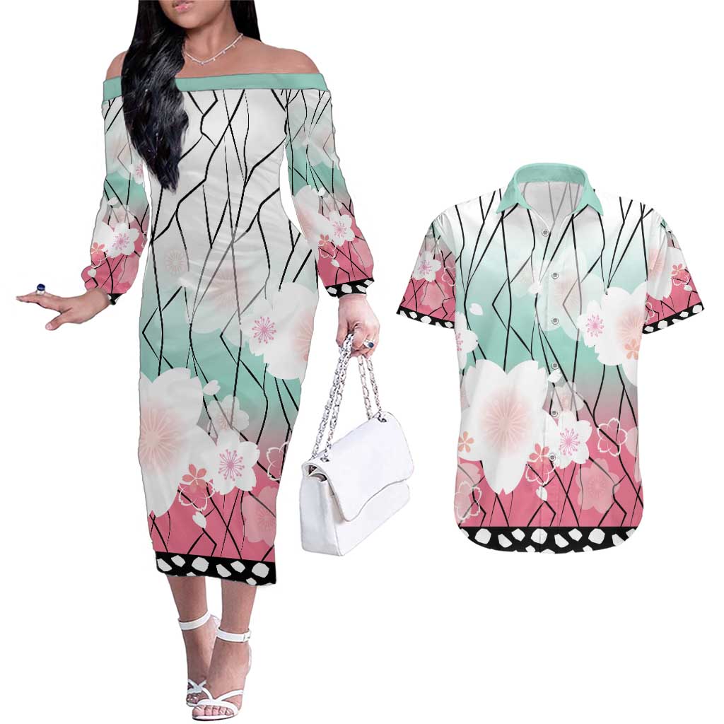 Japanese Kocho Pattern Couples Matching Off The Shoulder Long Sleeve Dress and Hawaiian Shirt Insect Pillar Butterfly Flower Fairy - Polynesian Pride