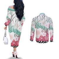 Japanese Kocho Pattern Couples Matching Off The Shoulder Long Sleeve Dress and Long Sleeve Button Shirt Insect Pillar Butterfly Flower Fairy - Polynesian Pride