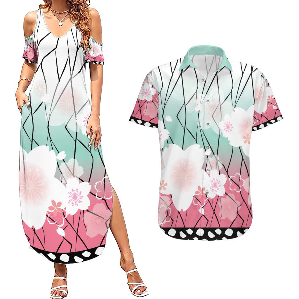 Japanese Kocho Pattern Couples Matching Summer Maxi Dress and Hawaiian Shirt Insect Pillar Butterfly Flower Fairy - Polynesian Pride