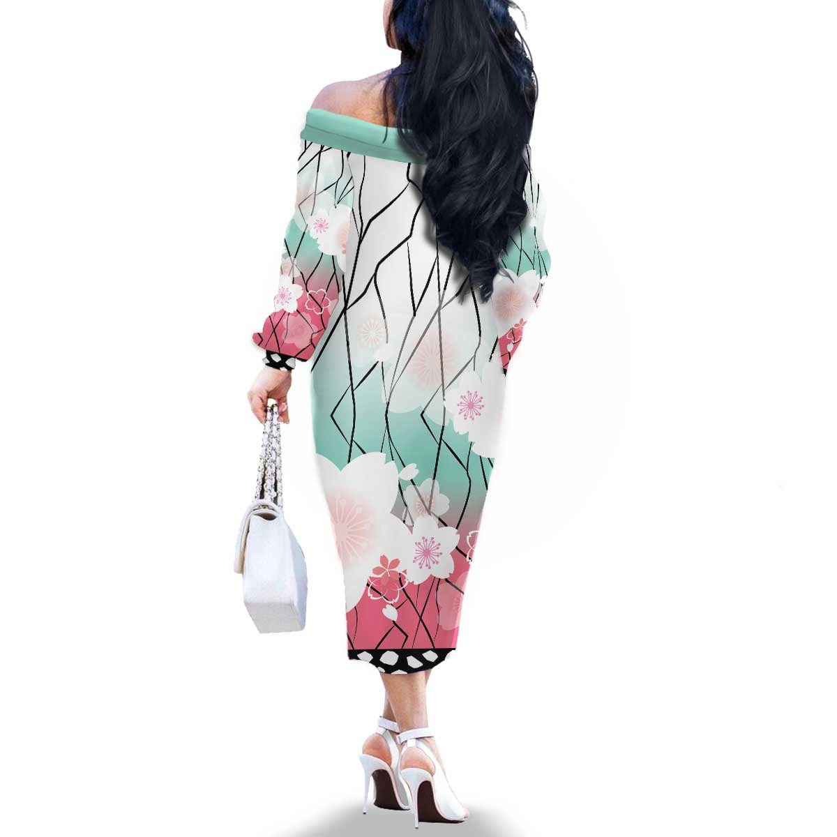 Japanese Kocho Pattern Family Matching Off The Shoulder Long Sleeve Dress and Hawaiian Shirt Insect Pillar Butterfly Flower Fairy - Polynesian Pride