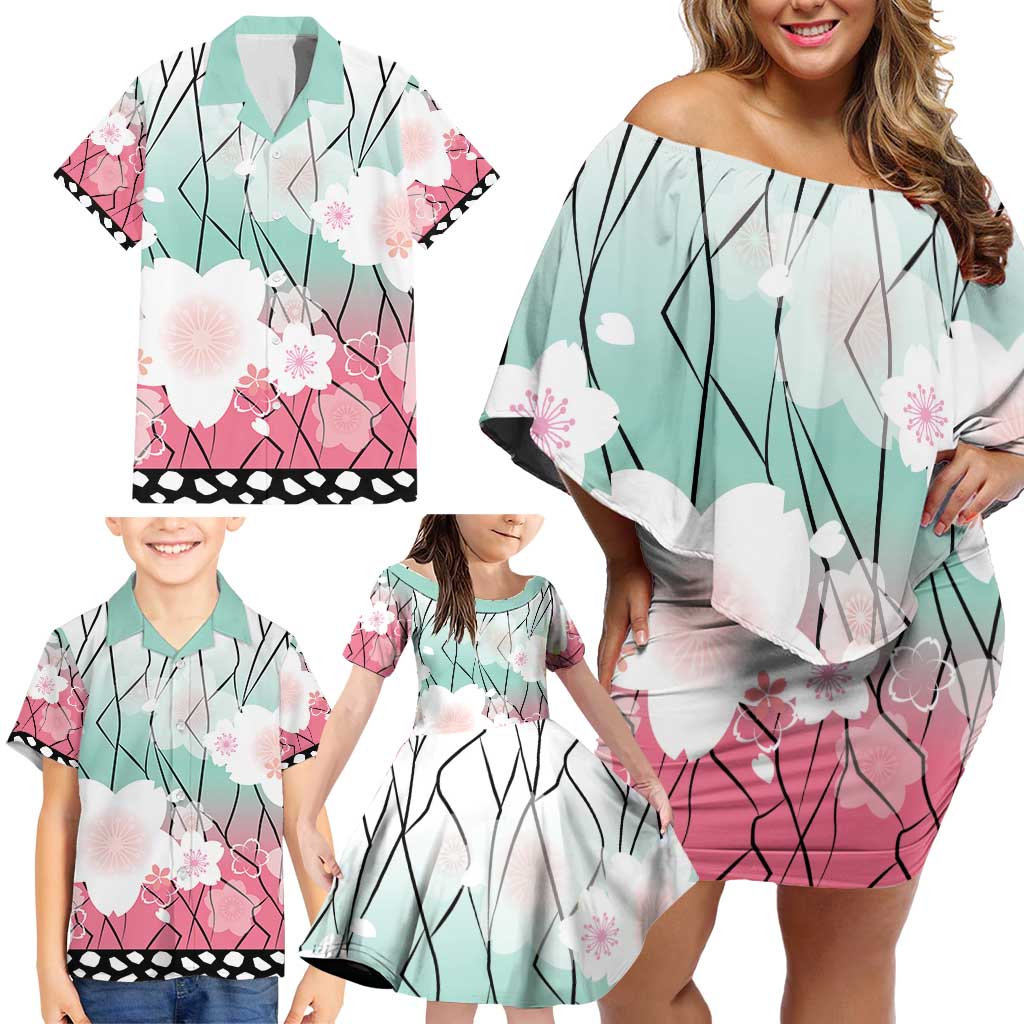 Japanese Kocho Pattern Family Matching Off Shoulder Short Dress and Hawaiian Shirt Insect Pillar Butterfly Flower Fairy - Polynesian Pride