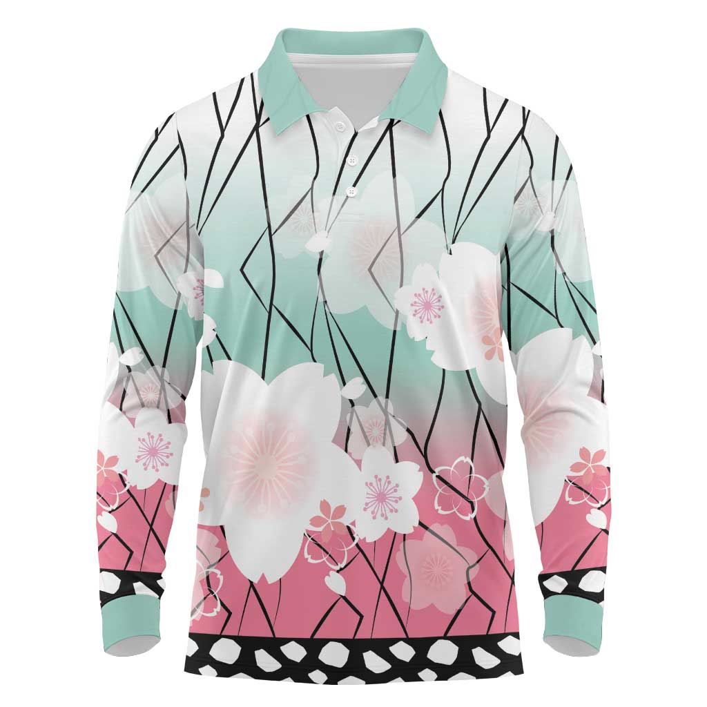 Japanese Kocho Pattern Long Sleeve Polo Shirt Insect Pillar Butterfly Flower Fairy - Polynesian Pride