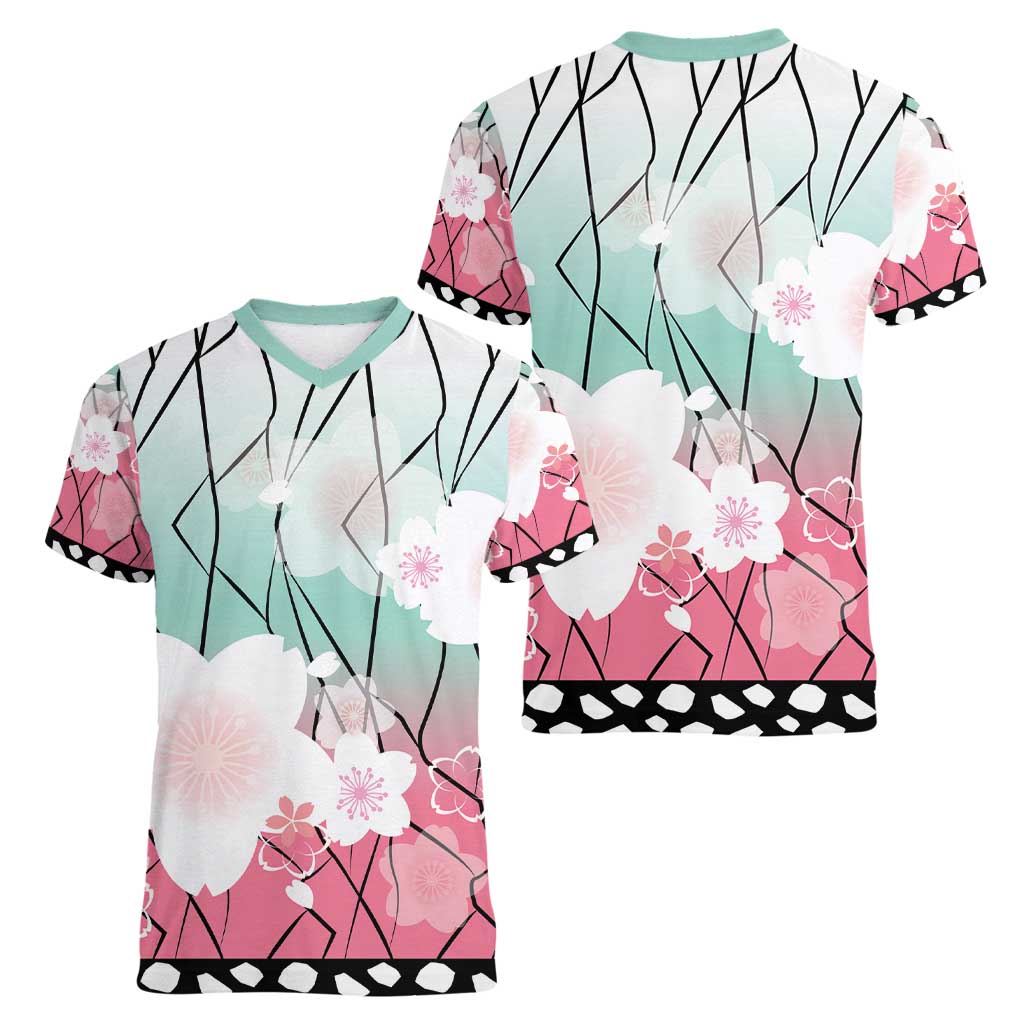 Japanese Kocho Pattern Women V-Neck T-Shirt Insect Pillar Butterfly Flower Fairy - Polynesian Pride