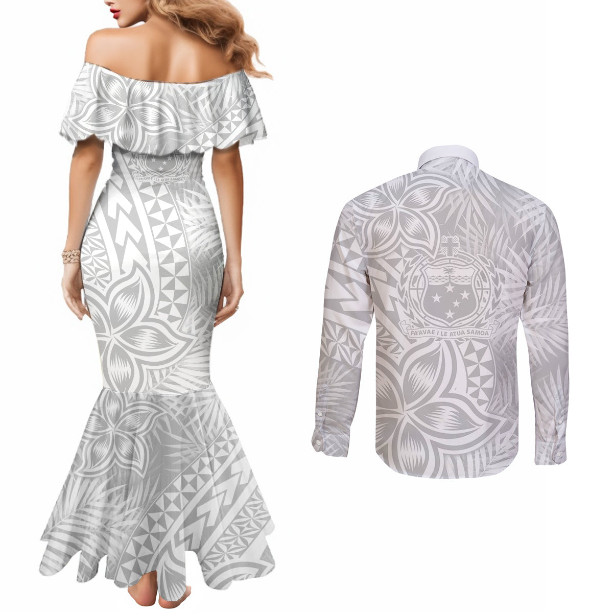 Samoa Lotu Tamait Couples Matching Mermaid Dress and Long Sleeve Button Shirts Tropical Plant White Sunday With Polynesia Pattern LT9 - Polynesian Pride