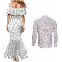 Samoa Lotu Tamait Couples Matching Mermaid Dress and Long Sleeve Button Shirts Tropical Plant White Sunday With Polynesia Pattern LT9 - Polynesian Pride