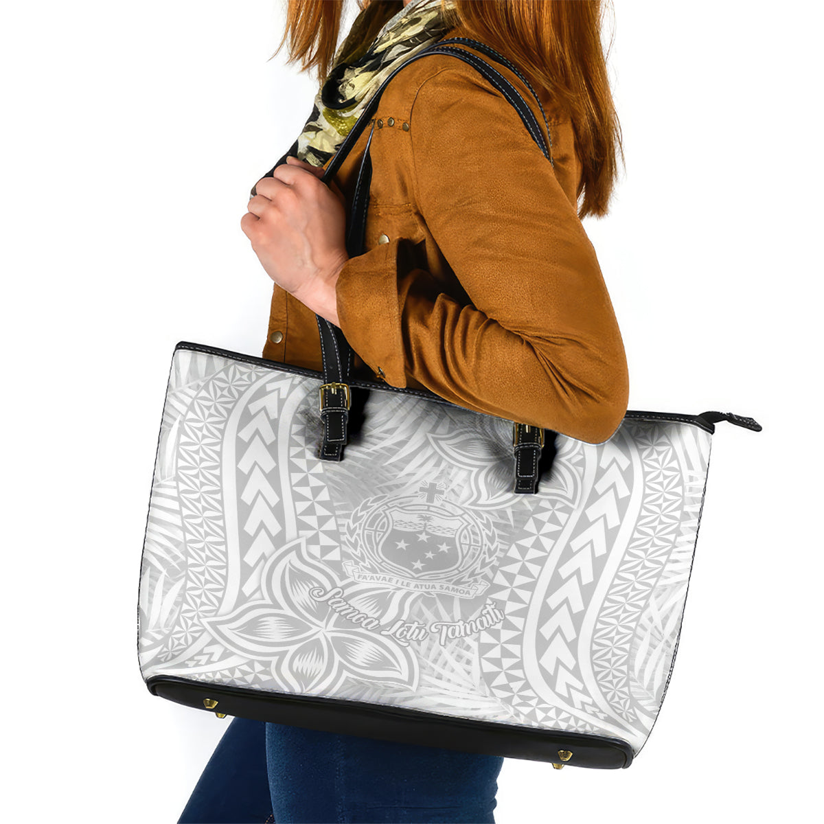 Samoa Lotu Tamait Leather Tote Bag Tropical Plant White Sunday With Polynesia Pattern LT9 White - Polynesian Pride