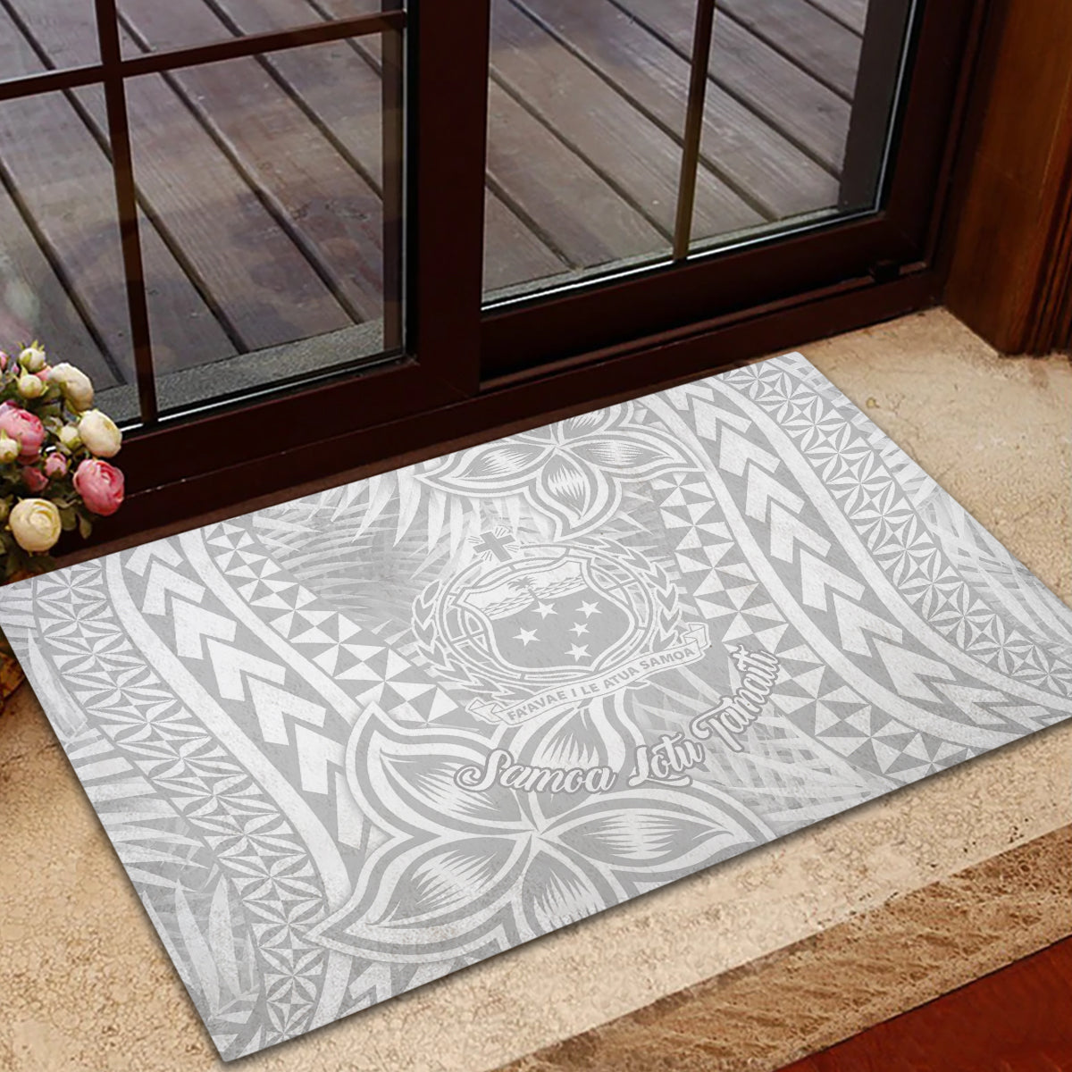 Samoa Lotu Tamait Rubber Doormat Tropical Plant White Sunday With Polynesia Pattern LT9 - Polynesian Pride
