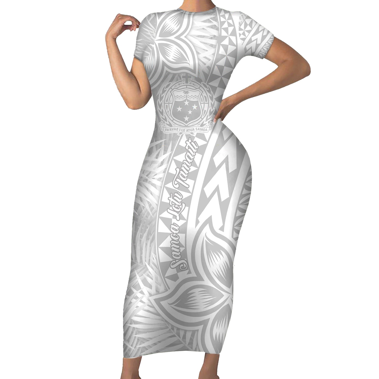 Samoa Lotu Tamait Short Sleeve Bodycon Dress Tropical Plant White Sunday With Polynesia Pattern LT9 Long Dress White - Polynesian Pride