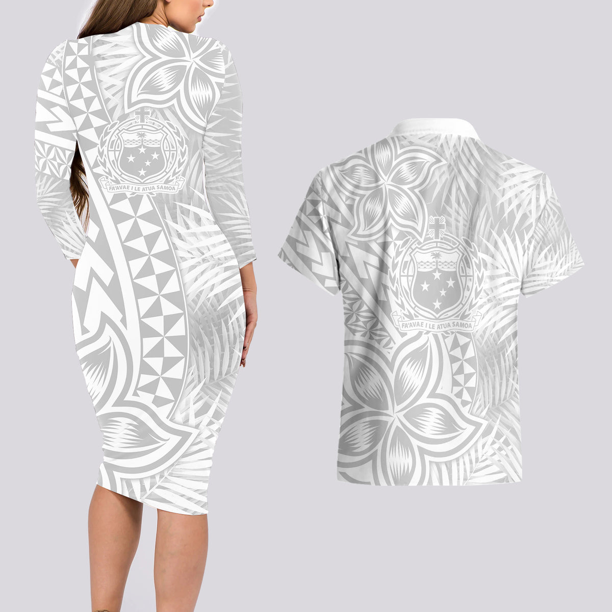 Personalised Samoa Lotu Tamait Couples Matching Long Sleeve Bodycon Dress and Hawaiian Shirt Tropical Plant White Sunday With Polynesia Pattern LT9 - Polynesian Pride