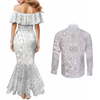 Personalised Samoa Lotu Tamait Couples Matching Mermaid Dress and Long Sleeve Button Shirts Tropical Plant White Sunday With Polynesia Pattern LT9 - Polynesian Pride