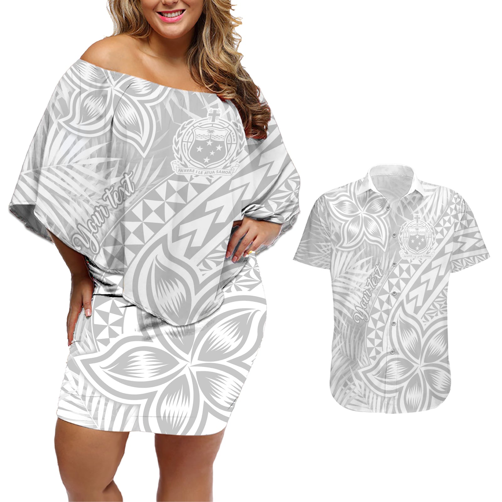 Personalised Samoa Lotu Tamait Couples Matching Off Shoulder Short Dress and Hawaiian Shirt Tropical Plant White Sunday With Polynesia Pattern LT9 White - Polynesian Pride