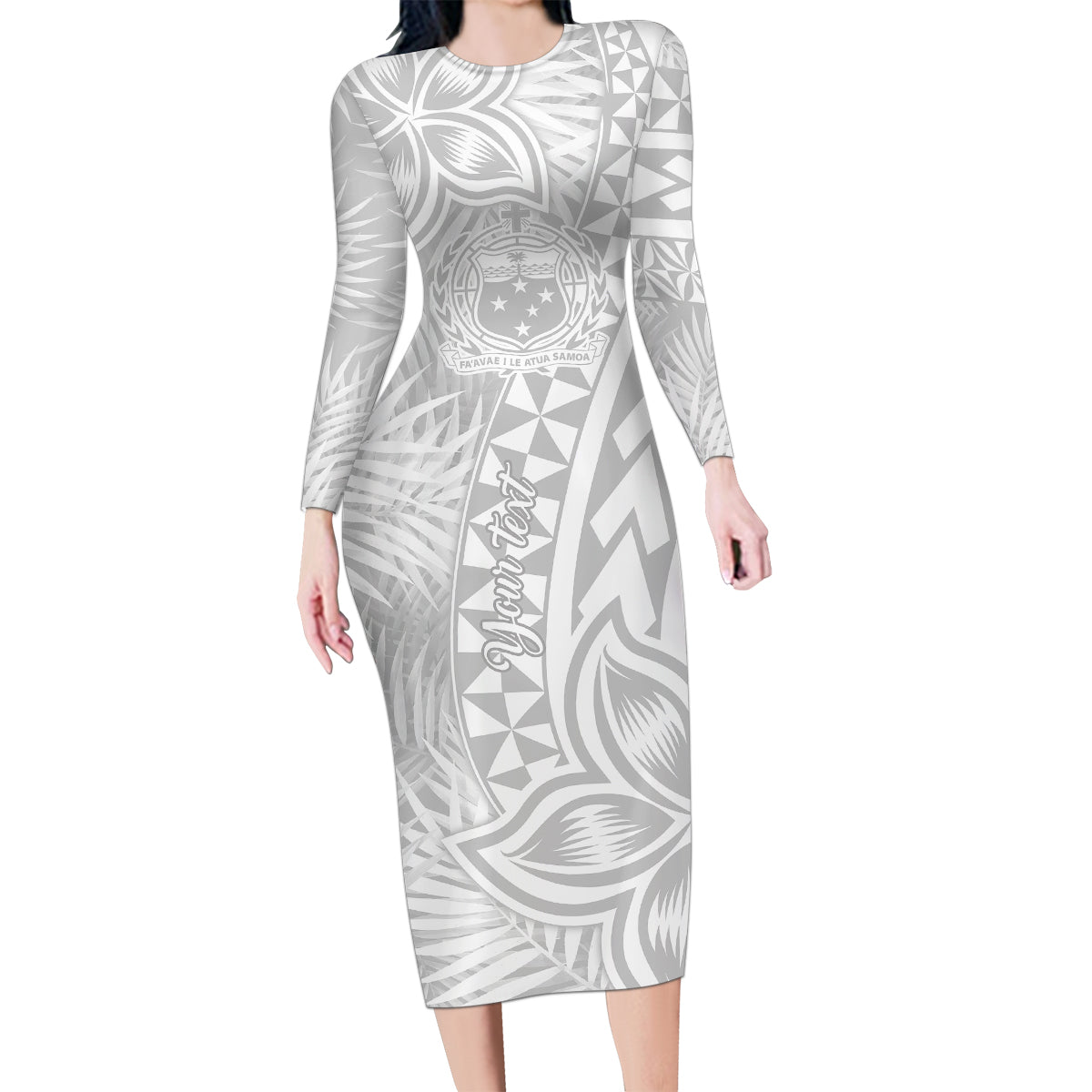 Personalised Samoa Lotu Tamait Family Matching Long Sleeve Bodycon Dress and Hawaiian Shirt Tropical Plant White Sunday With Polynesia Pattern LT9 Mom's Dress White - Polynesian Pride