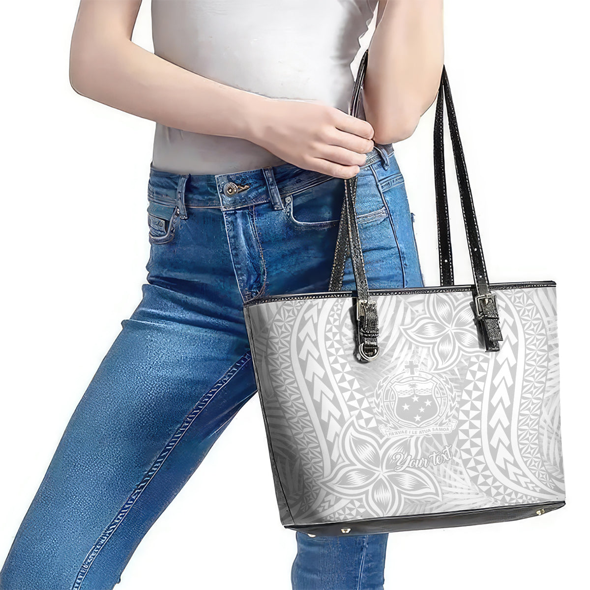 Personalised Samoa Lotu Tamait Leather Tote Bag Tropical Plant White Sunday With Polynesia Pattern LT9 - Polynesian Pride