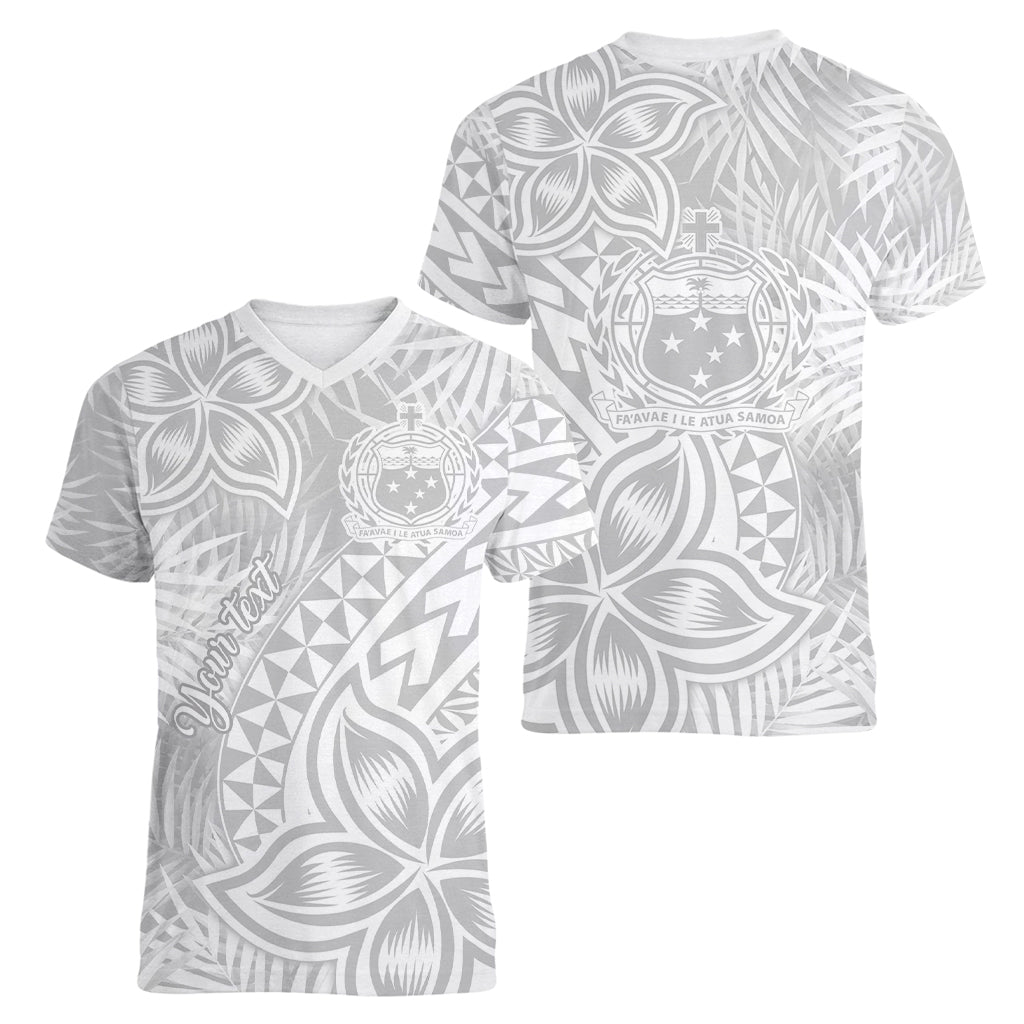 Personalised Samoa Lotu Tamait Women V Neck T Shirt Tropical Plant White Sunday With Polynesia Pattern LT9 - Polynesian Pride