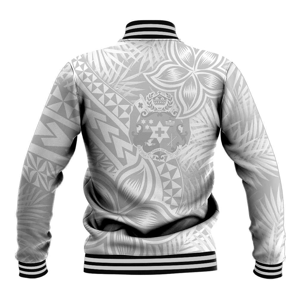 Personalised Tonga White Sunday Baseball Jacket Tropical Plant With Polynesian Pattern LT9 - Polynesian Pride