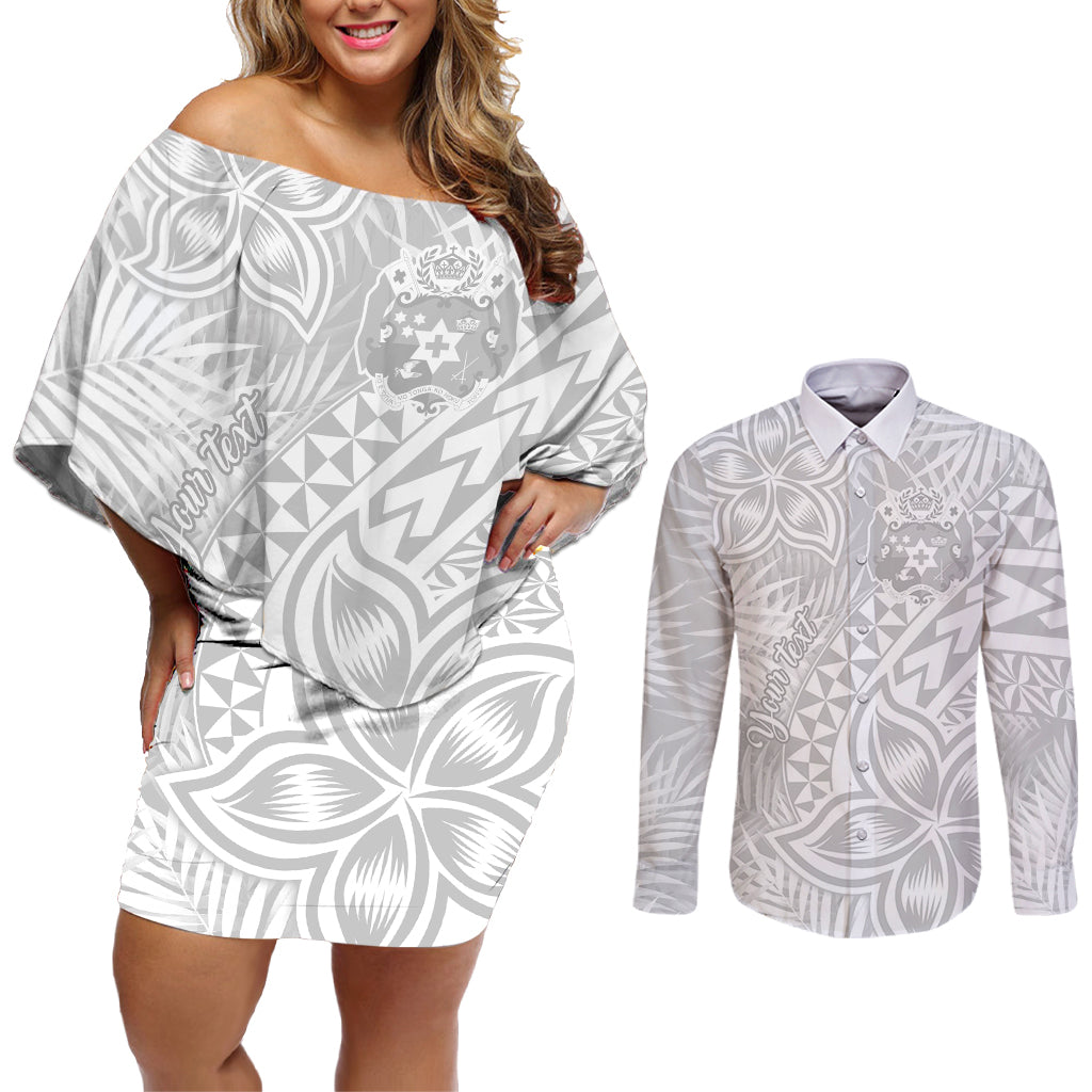 Personalised Tonga White Sunday Couples Matching Off Shoulder Short Dress and Long Sleeve Button Shirts Tropical Plant With Polynesian Pattern LT9 White - Polynesian Pride